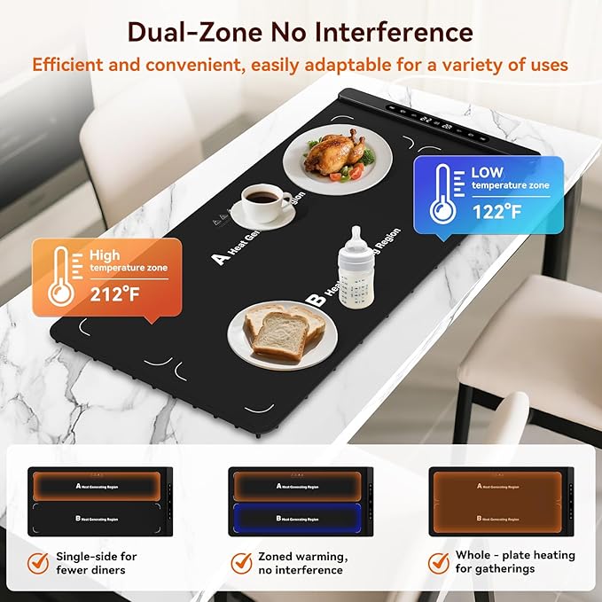 Graphene Warming Mat for Food, Dual-Zone Heating XXL 36”x17”, Food Warmer for Parties Buffets with 6 Temperature & Timer, Child Lock, Daily Use, Gift for Family, Mom, Black