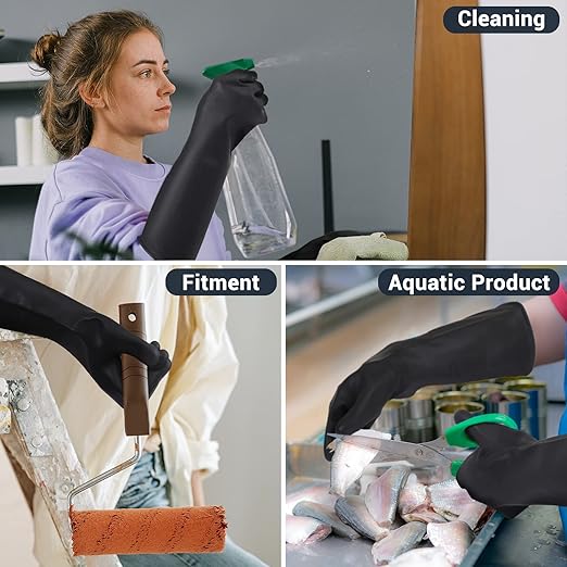 XXL 22" Black Protective Gloves for Washing Dishes, Thick Chemical Resistant Rubber Gloves Heavy Duty Safety Work Cleaning, Waterproof, Acid/Alkali/Oil Resistant, Non-Slip Diamond Grip, 1 Pair