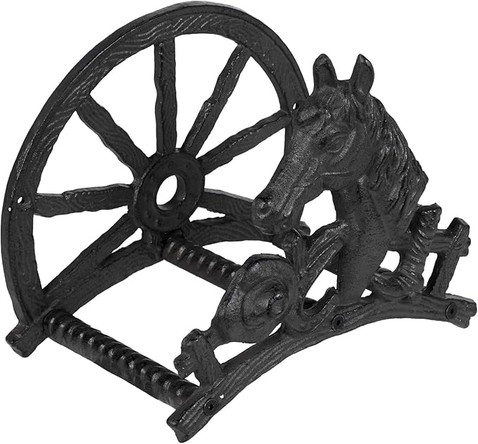 MyGift Horse and Wagon Design Hose Holder, Heavy Duty Cast Iron Outdoor Garden Hose Hanger, Wall Mounted Water Hose Holder Reel with Carriage Theme