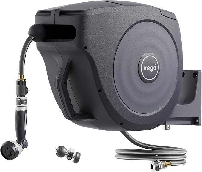 Vego Garden Hose Reel Retractable 1/2" x 100ft Wall Mounted Hose Reel Automatic Rewind, Any Length Lock with 9 Patterns Sprayer Nozzle, Quick Connector and Adjustable shot Nozzle