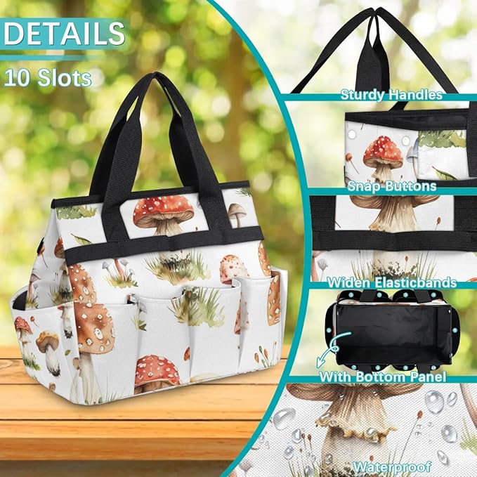 Garden Tool Bag Organizer Garden Tote Bag with Pockets Types of Mushrooms Tool Storage Organizer Gardening Tool Kit Holder 13" x 6.8" x 2.8"