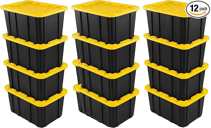 Sterilite 12 Pack Industrial Tote, Plastic Storage Container Bins with Lids, 27 Gallon - Heavy-Duty Organizing Containers for Closet, Bathroom, and Office