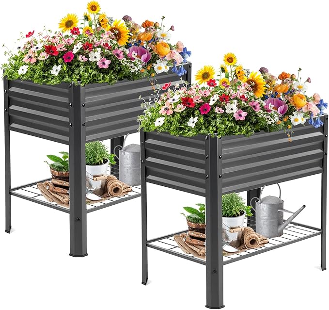 Raised Garden Bed with Legs and Shelf, 2pcs 31.8x20x31.5inches Elevated Metal Planter with Legs for Outdoor Vegetables and Herbs, Standing Raised Beds for Balcony, Patio, Lawn and Backyard