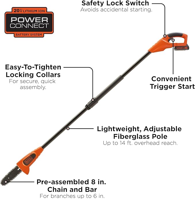 BLACK+DECKER 20V MAX Cordless Pole Saw Kit with Battery and Charger Included, 14-Inch Battery Pole Saw, Includes Oil Bottle, Wrench and Blade Guard (LPP120)