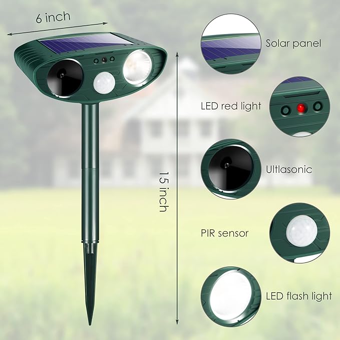 Upgraded Solar Animal Repellent Ultrasonic Animal Repeller Outdoor Deer Repellent Devices Waterproof with Motion Detection Cat Deterrent Dog Rabbit Raccoon Squirrel Skunk Repellent for Yard Garden