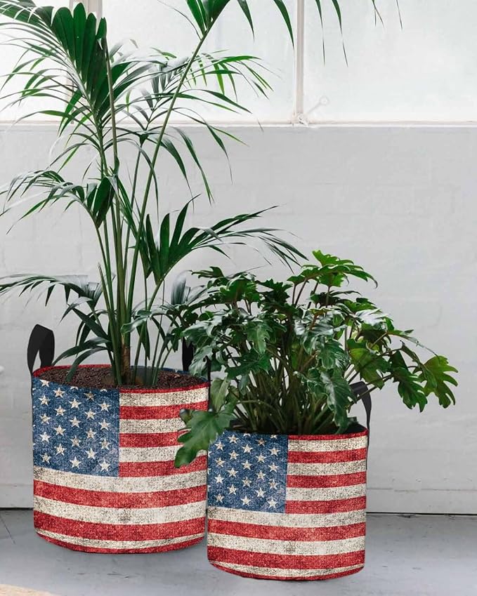 5 Gallon Grow Bags Planter Bag, Independence Day Vintage USA Flag Red Stripe Fabric Plant Pots with Handle,Flower Grow Bag for Vegetable Potato Tomato, Patriotic Star on Blue Gardening Bags