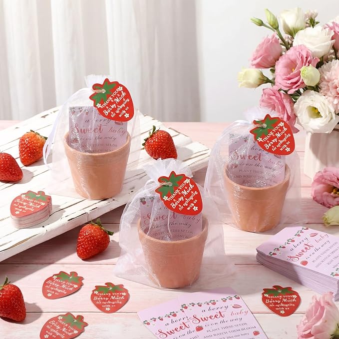 Ctosree 50 Sets Strawberry Baby Shower Favors for Guests a Berry Sweet Baby Is on the Way Seed Packets Include Self-adhesive Seed Packets Flowerpot Thank You Tags Organza Bags for Gender Reveal Party