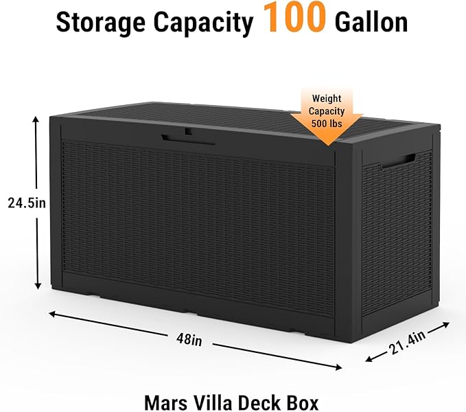 Mars Villa 100 Gallon Outdoor Storage Box, Resin Deck Box Waterproof for Patio Furniture Cushions, Pool Supplies, Gardening Tools, Weatherproof and UV Resistant