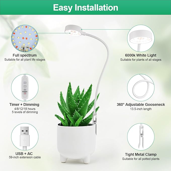 Grow Lights for Indoor Plants, Pot Clip LED Plant Lights for Indoor Growing, Full Spectrum, Plant Lamp with 5-Level Dimmable, Auto On Off 4/8/12/18 Hrs Timer for Succulents, Small Plant, White, 2 Pack