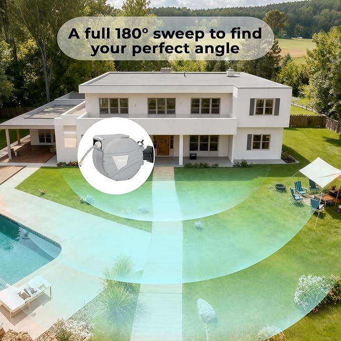 Retractable Garden Hose Reel,1/2 in x 100ft Wall Mounted Hose Reel, Optional Position Lock，Slow-Retract System，Wall Mounted，180°Swivel Bracket，Light Grey