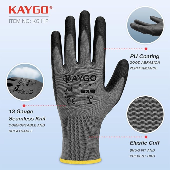 KAYGO Work Gloves for Men and Women,60 Pairs Seamless Knit PU Coated Safety Gloves, with Smooth Grip on Palm and Fingers, Ideal for Light Warehouse, Manufacturing, Gardening, KG11P (M,Gray)