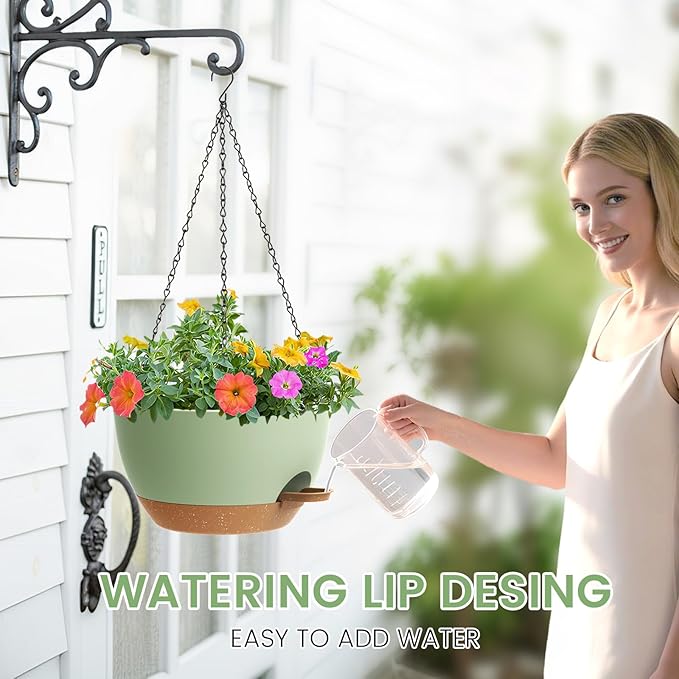 2 Pack 12 Hanging Flower Pots with Chains Self Watering Plastic Planters for Indoor Outdoor Plants, Sturdy Triangular Iron Chain Design for Garden PorchPlastic hanging flower pots (2, Green Brown)