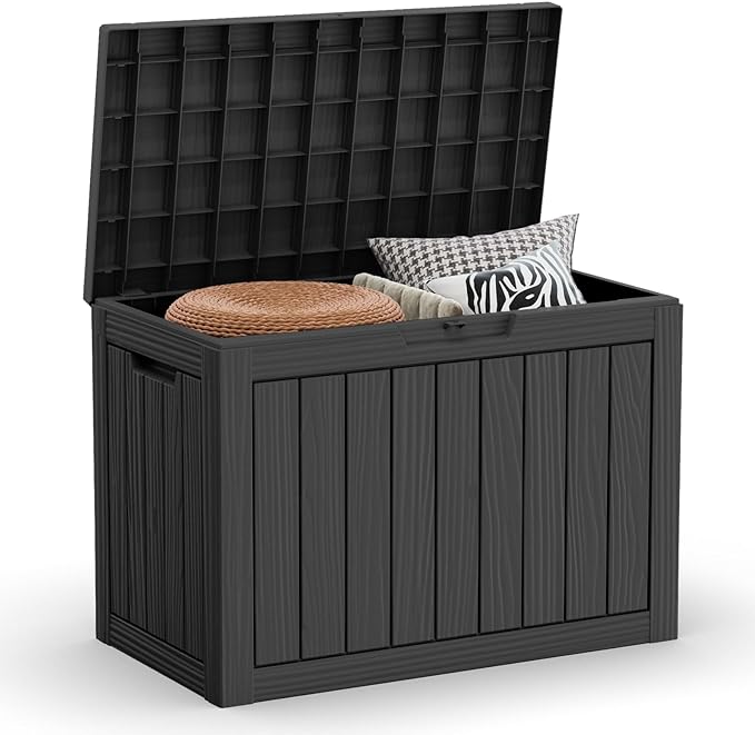 45 Gallon Outdoor Deck Box,Waterproof Resin Outdoor Storage Boxes, Outside Storage Lockable Container for Garden Tools,Indooor Cushions,Accessories (Black)