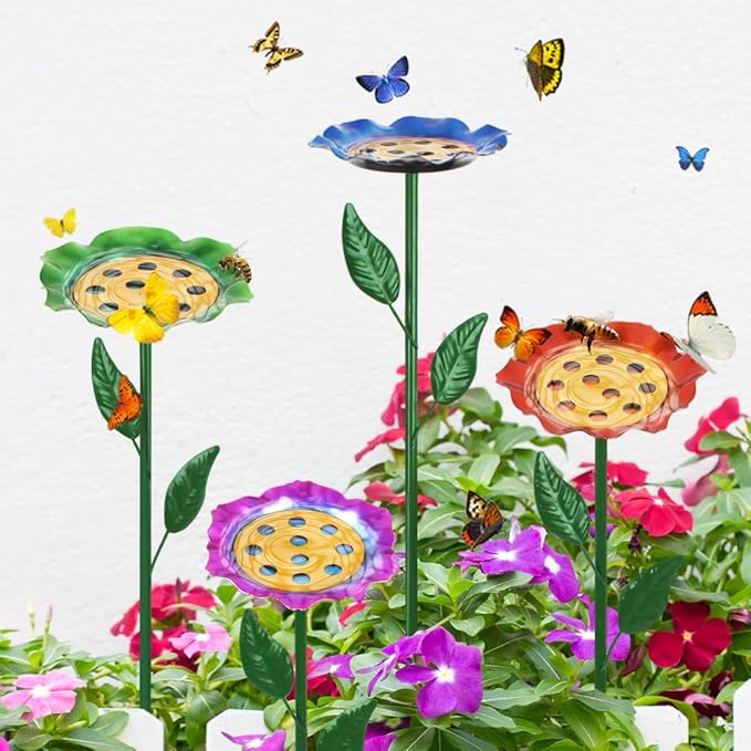 dreamysoul 4 Pack Bee Watering Station, Colorful Metal Bee Bath with Flower Design for Garden Yard