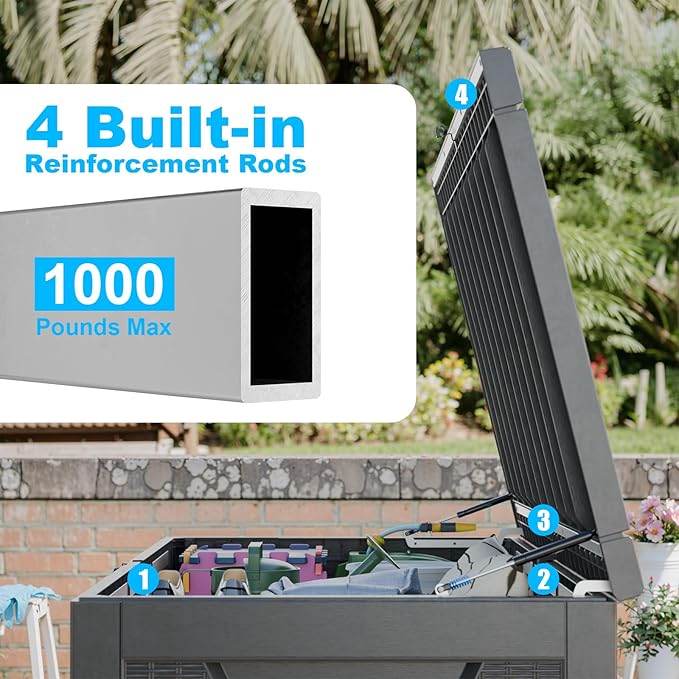 Vixzen 320 Gallon Resin Deck Box, Lockable Outdoor Storage Box for Patio Cushions Storage Furniture,Garden Tools, Pool Supplies, Weatherproof and UV Resistant(Black，320 Gallon