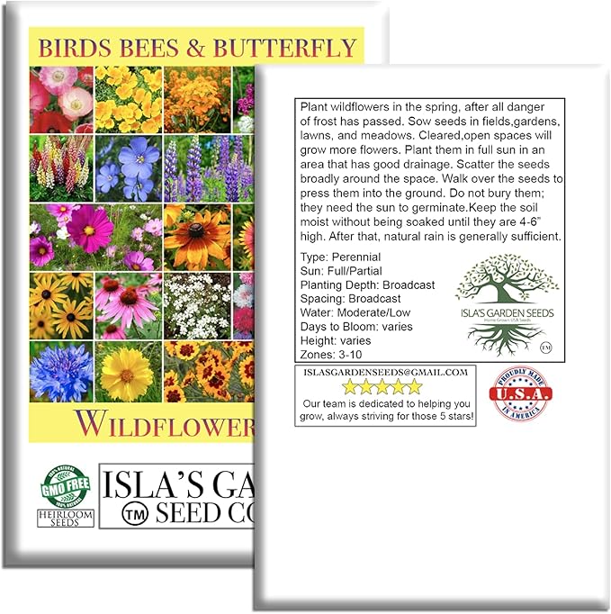 Birds, Bees & Butterflies Wildflower Mix – 500+ Seeds/PK by Isla’s Garden Seeds, Colorful Variety of Pollinator-Friendly Blooms, Supports Local Wildlife, Perfect for Garden Beds, Borders & Meadows