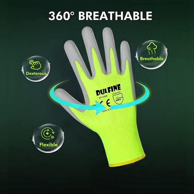 Safety Work Gloves for Men PU Coated 12 Pairs Bulk Pack,Hi-Vis Yellow Seamless Knit Glove with thin Polyurethane Coated Smooth Grip on Palm & Fingers,Ideal for General Duty Work (XX-Large)