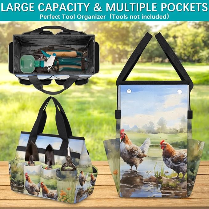 Garden Tool Bag Organizer Garden Tote Bag with Pockets Field Animal Rooster Tool Storage Organizer Gardening Tool Kit Holder 13" x 6.8" x 2.8"