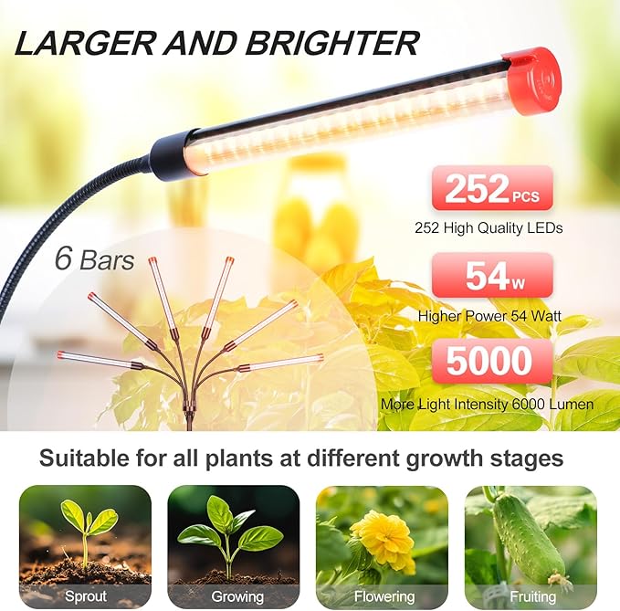 FECiDA 2026 6Head Table Top Grow Lights for Seed Starting, Indoor Plants, Bonsai, 54 Watt Power Draw, NO Need Adapter, 4/8/12/16/20H Timer, 16"-24" Height Adjustable, Big Coverage