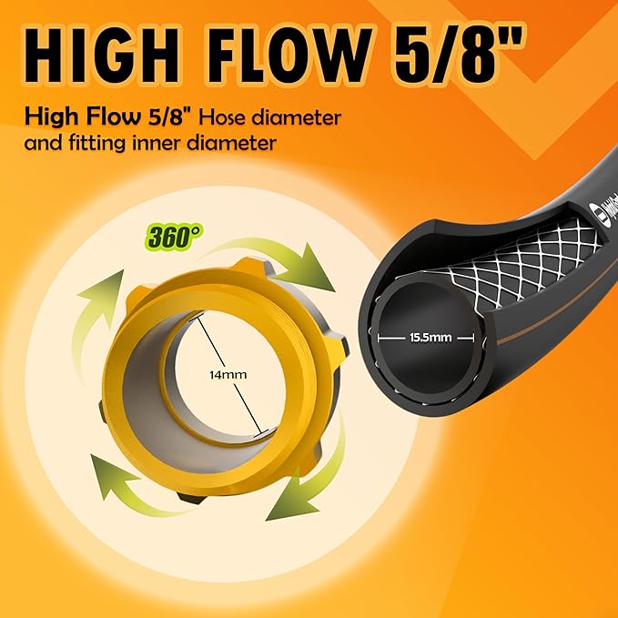 5/8 in. × 25 ft. High Flow Heavy Duty Garden Hose Flexible Hybrid Rubber Water Hose, No Memory Durable Premium Water Hose for Watering, Irrigation, Water Transfer Pump