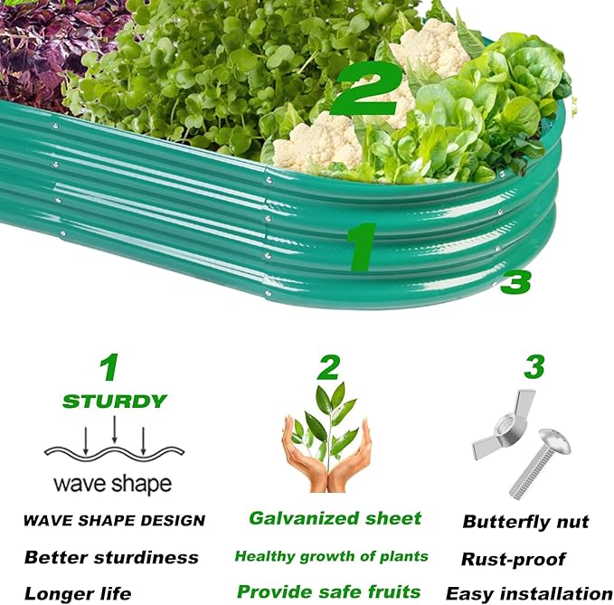 Raised Garden Bed GRS Certified Galvanized Planter Box Outdoor, 8ft Oval Rot-Resistant Metal Garden Bed Planter, Recycled Eco-Friendly Material Planter for Vegetables Flowers Herbs (Green)