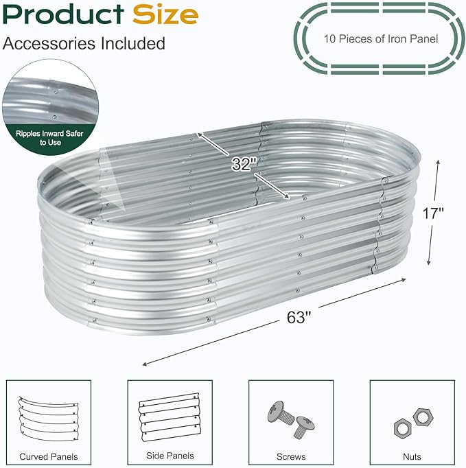 Aoodor Galvanized Raised Garden Bed Kit, 5.3 x 2.6 x 1.4 Ft, Oval Planter Box for Vegetables, Flowers, and Herbs, Outdoor Use, Silver