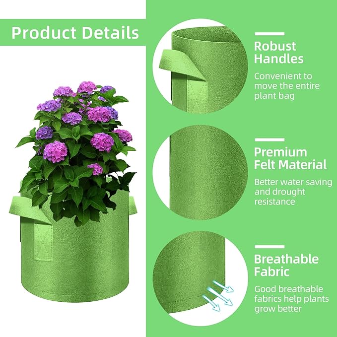 10 Gallon Garden Grow Bags, 30 Pack 10 Gal Planter Bags Fabric Pot, Nonwoven Grow Pots Heavy Duty Aeration Fabric Pots with Handles, Garden Fabric Planters for Vegetables Flowers (Green)