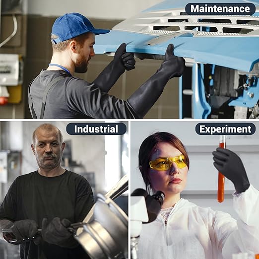 Thick Chemical Resistant Gloves, 3 Pairs 18" Long Anti Slip Diamond Grip Black Waterproof Alkali/Acid/Oil Resistant Reusable Heavy Duty Rubber Gloves for Cleaning, Dishwashing, Gardening