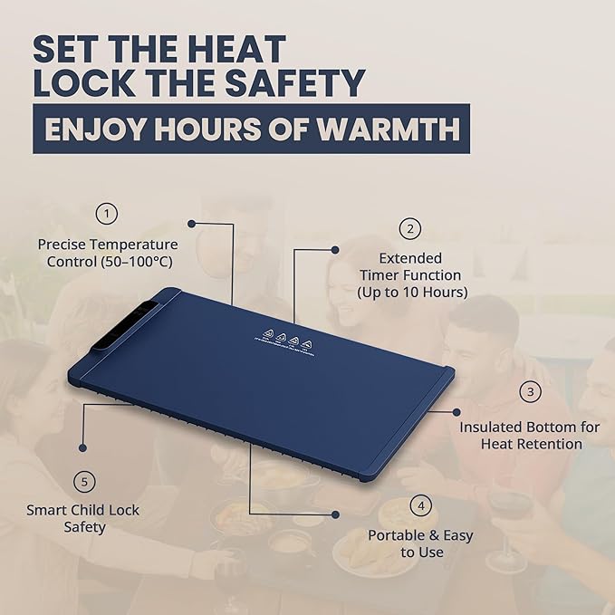 17"x15" Dark Blue Electric Food Warming Silicone Mat - 10 sec Fast & Even Heating Tray - Upto 10 Hrs Timer, 50-100°C Adjustable Temp, Child Lock & Safety Edge - Portable Kitchen Countertop Warmer Pad