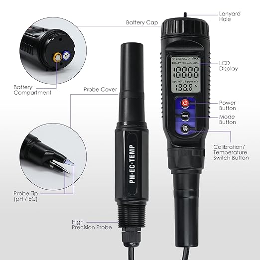 pH Meter for Food 3-in-1 Digital pH EC Temperature Meter with ATC, Food pH Tester for Checking Fermentation/Bread Dough/Sausages, Waterproof pH Probe Meter for Cosmetics, Solid and Soft Soil Sample