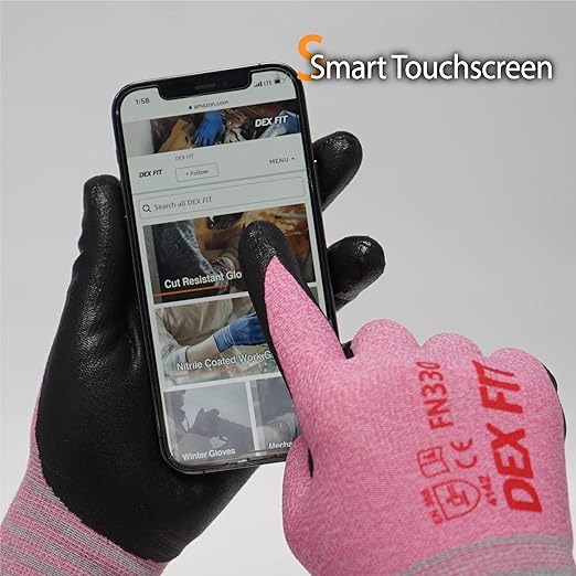 DEX FIT Nitrile Work Gloves FN330, 3 Pairs, 3D-Comfort Stretchy Fit, Firm Grip, Thin & Lightweight, Touch-Screen Compatible, Durable, Breathable & Cool, Machine Washable; Pink XS (6)