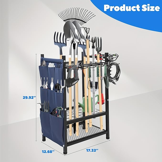 3-Tier Garden Tool Organizer Rack, Heavy Duty Metal Yard Tool Stand for Garage, Shed, Outdoor, Holds Up to 50 Long-Handled Tools, Rakes, Brooms, Shovels