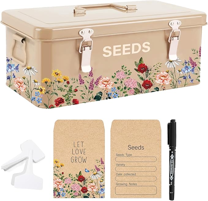 JarThenaAMCS Spring Wildflower Seeds Storage Organizer Metal Seed Saving Box 4 Dividers Vintage Floral Seed Packet with 50 Seed Kraft Envelopes 50 Blank Plant Label Stakes 1 Marker Pen for Home Garden