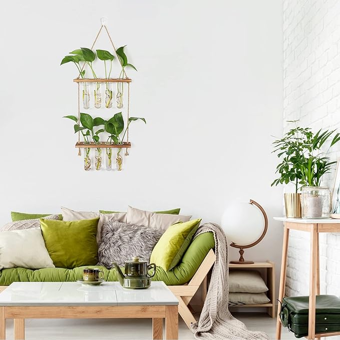 Wall Hanging Planter Terrarium 2 Tired Test Tube Vase Glass Planter Plant Propagation Station Plant Hangers of Rope with Wooden Stand and 8 Tubes for Hydroponic Plant Cutting
