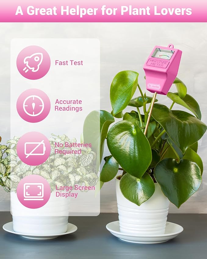 Soil Moisture Meter Tester for Plants, Hygrometer Moisture Sensor for Houseplants Indoor Outdoor Garden Lawn Use - Plant Water Meter Gauge Test Kit, No Battery Needed - Gardening Gifts, Pink