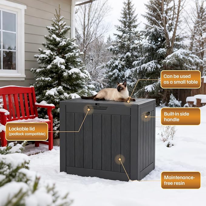 25 Gallon Deck Box, Small Outdoor Storage Box Waterproof, UV-Resistant and Weatherproof Outside Resin Storage Bin for Outdoor Patio Furniture Pillows, Pool Supplies, Garden Tools, Black