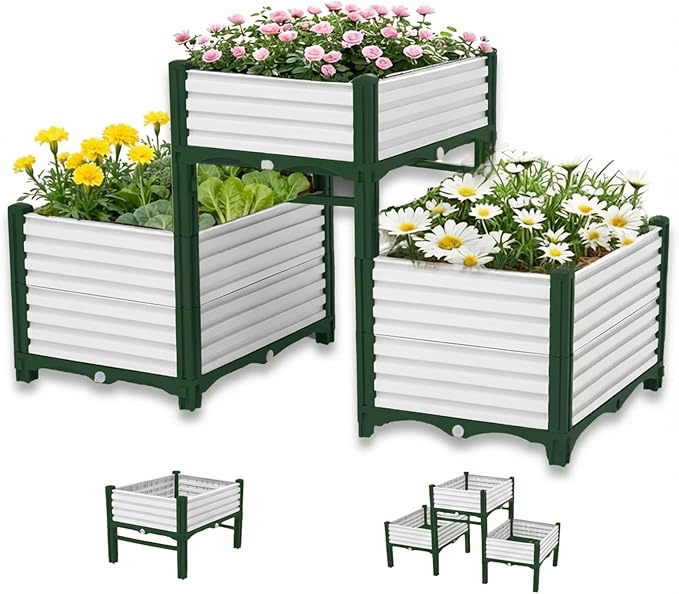 3PCS Raised Garden Beds Outdoor with Legs Planter Box, 47x16x21in Reinforced Support Rods, Drainage Grid, Multi-Combination Options for Vegetables, Flowers, Herbs, Ideal for Balcony, Patio Gardening
