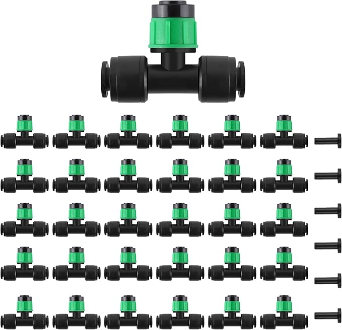 Kalolary 30Pcs Push-to-Fit Drip Irrigation Emitters for 1/4" Tubing, Adjustable 360 Degree Vortex Drip Emitters Irrigation Dripper Sprinklers with 6PCS End Plugs for Garden Irrigation System(Green)