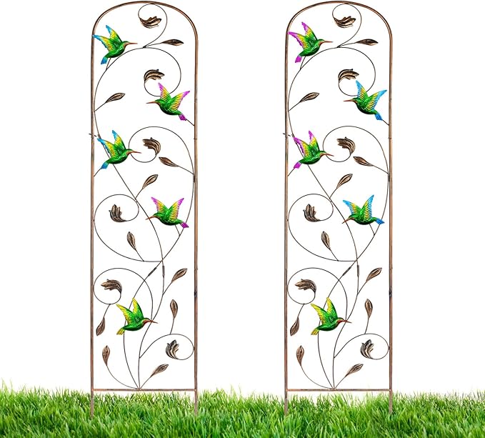 2 Pack Metal Garden Trellis with Colorful Hummingbird 60 Inch High Outdoor Decoration Arched Fence Trellis for Climbing Plants for Patio, Lawn, Yard, Backyard, Wall Brackets
