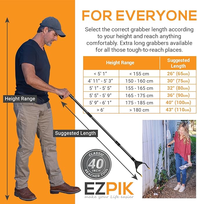 EZPIK Classic 40” Folding Grabber Reacher Tool with Dual Magnets, Heavy Duty Trash Picker Upper Grabber for Seniors & Disabled Users, Aluminum Pickup Tool for Everyday Reaching Aids (Black, 2 Pack)