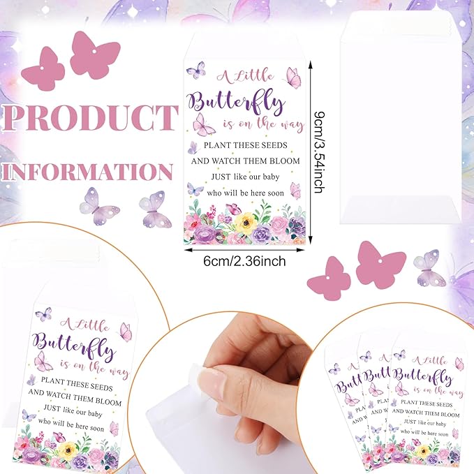 Ctosree 50 Sets Butterfly Baby Shower Party Favors for Guests A Little Butterfly Is on The Way Seed Packets Include Self-adhesive Seed Packets Flowerpot Thank You Tags Organza Bags for Baby Shower