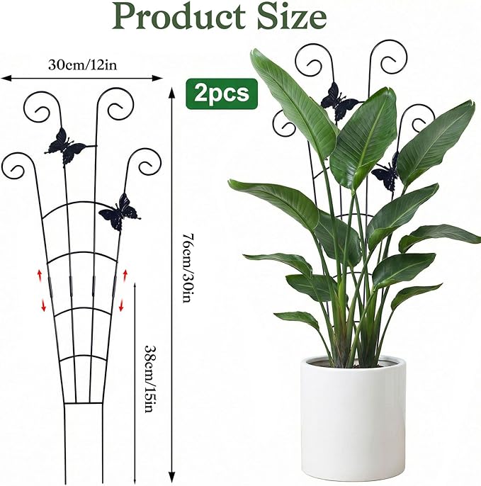 2 Pack 30 in Adjustable Plant Trellis Thickened Rust-Proof Metal Climbing Support Expandable 15-30 Inch Indoor Outdoor Garden Trellis for Pothos Ivy Monstera with Plant Ties