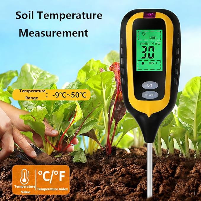 Soil Tester 6-in-1 Digital Soil Moisture Meter Measures Soil Ph, Humidity, Temperature, Light Intensity, Soil Efficiency and Air Humidity with LCD Display, Ideal for Gardening