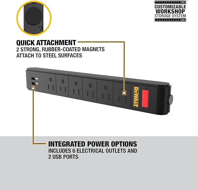 DEWALT Magnetic Power Strip with 6 Power Outlets, DEWALT Workshop Storage System Compatible (DWST82693)