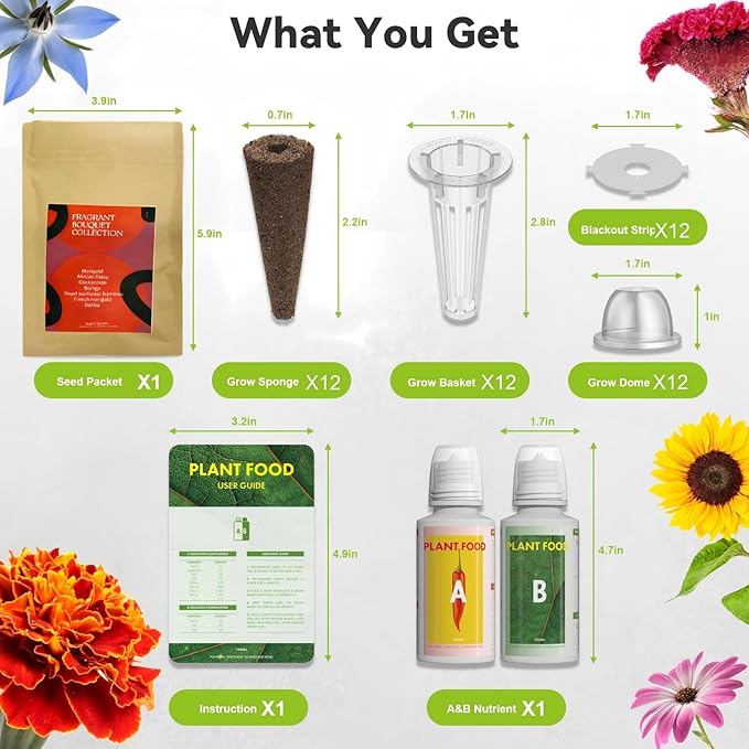 Inbloom Fragrant Bouquet Flower 12 Pods Seed Pod Kit for AeroGarden, iDoo, Ahopegarden, GARDENCUBE(350+ Flower Seeds with Marigold, Daisy, Cockscomb, Borage, Dwarf Sunflower Bambino, Marigold, Dahlia)