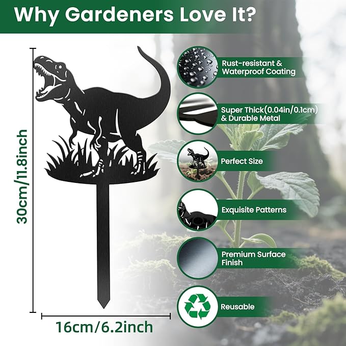 CUTHOLLOW Metal Plant Marker Stake Dinosaur for Outdoor Indoor, Waterproof 11.8 inch Cute Garden Plant Labels Sign Tag for Herb, Farmhouse Greenhouse Decor - Funny Gardening Gifts
