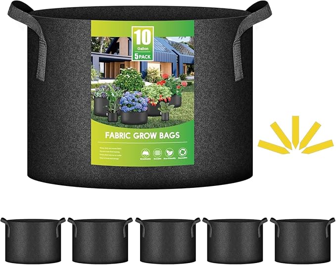 iPower 10 Gallon 5 Pack Grow Bags Nonwoven Fabric Pots Aeration Container with Strap Handles for Garden and Planting, 5-Pack Black, 10 Gallon