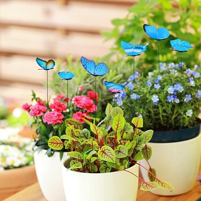 12pcs Decorative Butterfly Plant Stakes, 9.8in Lifelike Butterfly Garden Stakes PVC Waterproof Flower Pot Decorations for Garden Lawn Patio Indoor Outdoor Yard Planter Art Decor (Blue)