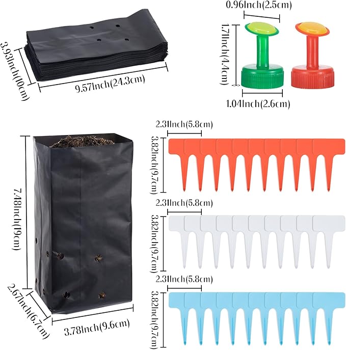100 Pcs Nursery Growing Bags Seedling Starter Bags with 30 Plant Labels & 2 Mini Watering Sprinklers,Plant Grow Bags Plants Pots Plastic Pouches for Garden Trees,Flowers, Vegetable(7.5x3.8x2.6 Inch)
