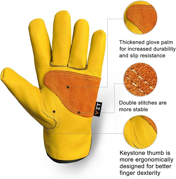 2 Pairs Leather Work Gloves for Men or Women, Non-fading Cowhide, for GardeningConstruction, Welding, Yardwork, driver